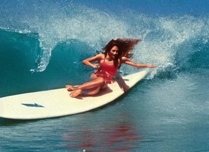 Prompt: color photo. surfer girl riding a big wave in the 8 0's. shark in the water