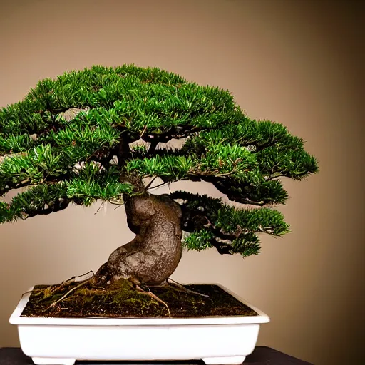 Prompt: a giant bonsai tree being circled by a hord of dark fured hamsters at midnight. photograph