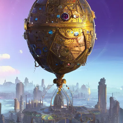 Image similar to enormous flying city in a gigantic faberge egg, sky, steampunk, fantasy art, unreal engine,