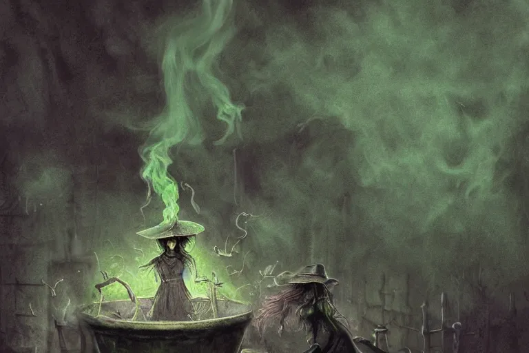 Image similar to close shot of a witch brewing in her lair, depressing, gloomy, tired, detailed, witch hat, dungeon, green smoke, fire, smoke, realism, realistic, hyper detailed, green lighting, ambient lighting, smoke, haze, bokeh, acrylic, digital painting,