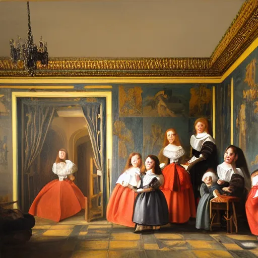 Prompt: oil canva family portrait in the main room of the castle painted in 1 6 5 6, dark room, one point of light coming through the window inspired by las meninas, spaces between subjects, detailed and realistic faces for each person in the canva, inspired by diego velasquez better quiality