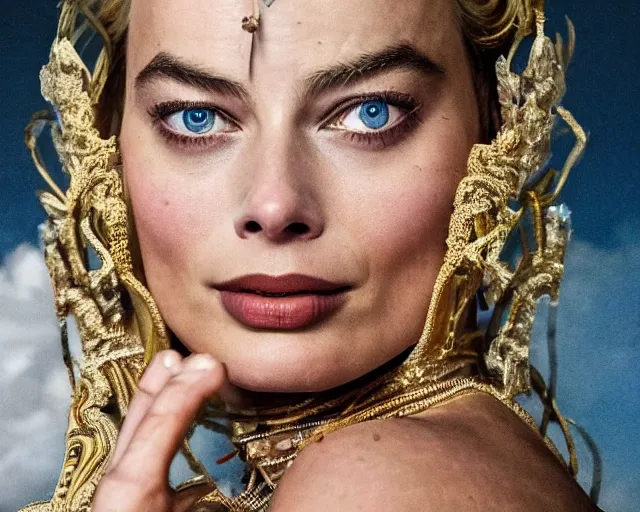 Image similar to Margot robbie as a goddess in heaven, Photography, Cinematic, Portrait, insanely detailed and intricate, hypermaximalist, elegant, ornate, hyper realistic, super detailed