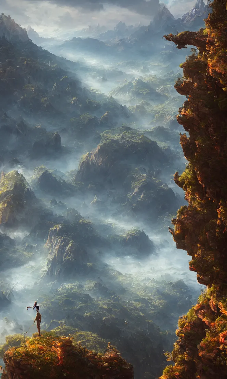 Image similar to an oil art close - up centered view from a cliff looking out to a fantasy mountain landscape, 4 k, ultra detail, volumetric lighting, unreal engine, octane render, tom bagshaw, andreas rocha