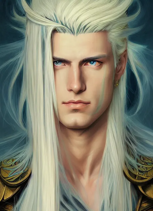 Image similar to centered portrait, Sephiroth as a male D&D Ranger, blonde hair, Art Nouveau, beautiful retro Fantasy heroine 1985, intricate, elegant, highly detailed, centered, digital painting, trending on artstation, concept art, smooth, sharp focus, illustration, art by raphael lacoste, eddie mendoza, Mucha, alex ross, WLOP