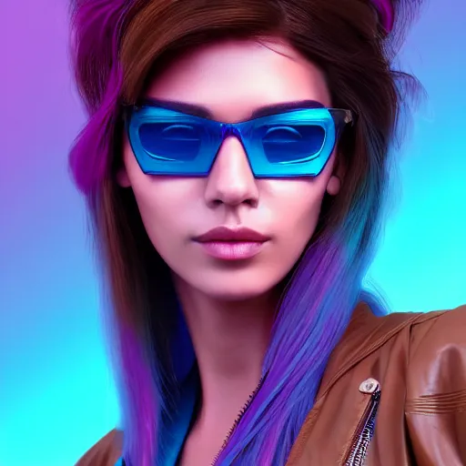 Image similar to closeup painting of a very beautiful young mexican cyberpunk woman with a smirk, wearing light blue venetian blind shades and a purple coloured leather jacket, one side haircut, long brown hair with light blue ends, portrait, hyperdetailed, artstation, cgsociety, 8 k, synthwave!!! image