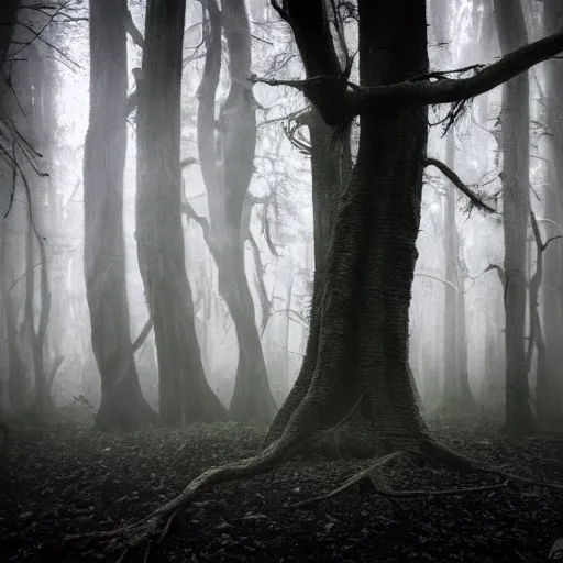 Prompt: eldritch horror emerging from the ground in a hauntend forest, foggy mysterious, creepy, cinematic, dramatic, 8k, horror, highly detailed, sharp focus, dynamic lighting, photograph, texture, giant scale