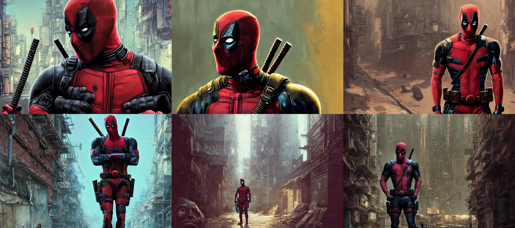 Image similar to Very highly detailed deadpool with very highly detailed mask on the street of a very highly detailed smooth scary village digital concept art by Greg Rutkowski, neofuturistic highly detailed, digital concept art, Dimensional cyan gold natural light, sharp focus, Golden Ratio illustration, realistic concept art by Stephen Hickman and James Gurney and Hiromasa Ogura Ghost in the Shell rendered in Octane Render, From the distance