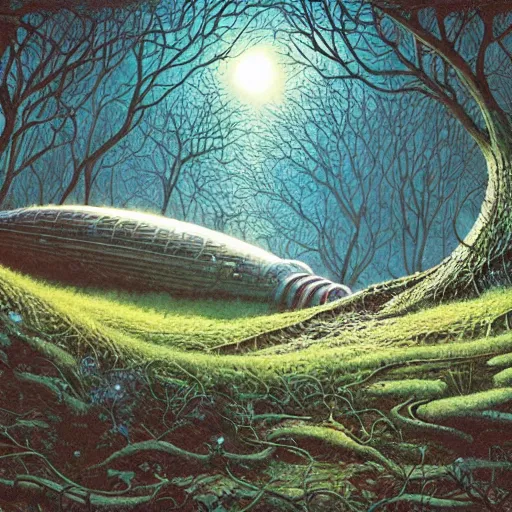 Image similar to overgrown spaceship by rob gonsalves, greg rutkowski, tim white, alex grey