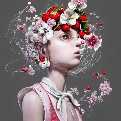 Image similar to the portrait of an absurdly beautiful, graceful, elegant, sophisticated, fashionable little girl made of strawberries and white petals looking down, an ultrafine hyperdetailed illustration by kim jung gi, irakli nadar, intricate linework, bright colors, octopath traveler, final fantasy, unreal engine 5 highly rendered, global illumination, radiant light, detailed and intricate environment