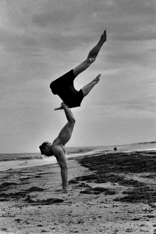 Prompt: paulie shore doing a handstand on the beaches of normandy on d - day