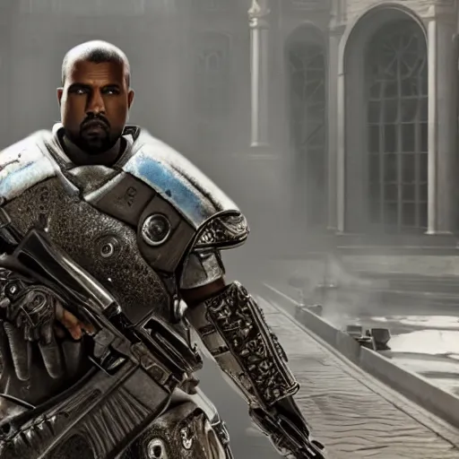 Image similar to kanye west as the pope in gears of war battlefield 5, splash art, movie still, cinematic lighting, dramatic, octane render, long lens, shallow depth of field, bokeh, anamorphic lens flare, 8 k, hyper detailed, 3 5 mm film grain