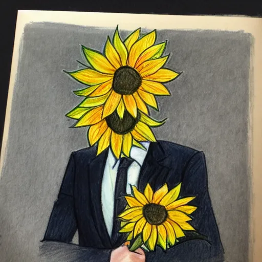 Image similar to full body shot of a man with a sunflower instead of a head wearing a business suit, color pencil sketch