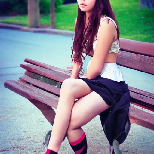 Prompt: dslr photo of a pretty teen girl, sitting on a bench wearing a flower skirt, and body and wearing hemp sandals, artgerm, artstation, very high quality face, extremely high quality, moody lighting, real camera, real photo, photography by deviantart, 8 k, wide angle