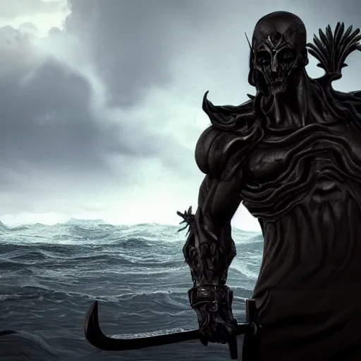 Prompt: A powerful handsome broad shouldered necromancer of jet black skin holding an exquisite sword standing at a distance. He gazes by the stormy sea and oozes extreme power and magic. Whole scene is powerful and magical and stunning to watch. Aesthetic!!!!!!, Unreal engine, 8k, trending on artstation, sharp focus, highly detailed, concept art, ultra HD, intricate, elegant,