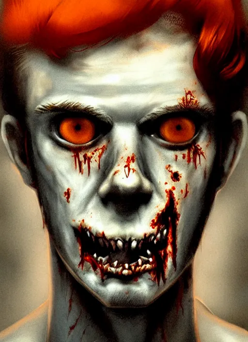 Image similar to portrait of zombie teenage archie andrews, red hair, curly hair, curly middle part, freckles, photorealistic, zombie, rotting skin, blind eyes, white eyes, zombie, intricate, elegant, orange, glowing lights, highly detailed, digital painting, artstation, concept art, sharp focus, illustration, art by wlop, mars ravelo and greg rutkowski