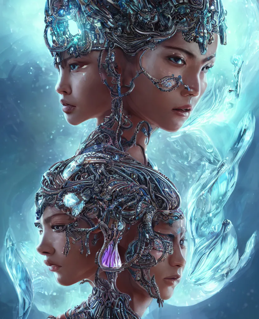 Prompt: epic ethnic smooth close-up macro portrait of the face of a beautiful princess, epic angle and pose, symmetrical artwork, 3d with depth of field, blurred background, cybernetic orchid flower butterfly jellyfish crystal, obsidian, female face skull phoenix bird, translucent, nautilus, energy flows of water and fire. a highly detailed epic cinematic concept art CG render. made in Maya, Blender and Photoshop, octane render, excellent composition, cinematic dystopian brutalist atmosphere, dynamic dramatic cinematic lighting, aesthetic, very inspirational, arthouse. y Greg Rutkowski, Ilya Kuvshinov, WLOP, Stanley Artgerm Lau, Ruan Jia and Fenghua Zhong