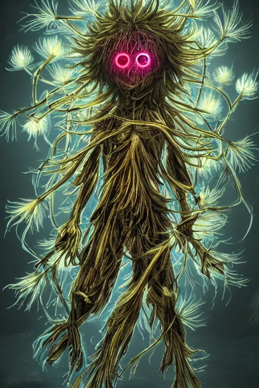 Image similar to a glowing humanoid figure dandelion monster with large glowing eyes, highly detailed, digital art, sharp focus, trending on art station, artichoke, anime art style