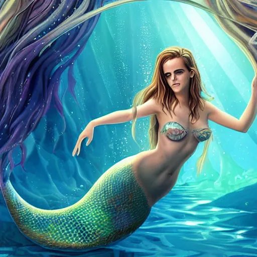 Image similar to a epic mark brooks painting of emma watson as a mermaid under water, 8 k, ultra detailed, lighting, water bubbles, sparkling, beautiful scaly mermaid tale, illustration, trending on art station, digial art by lois van baarle