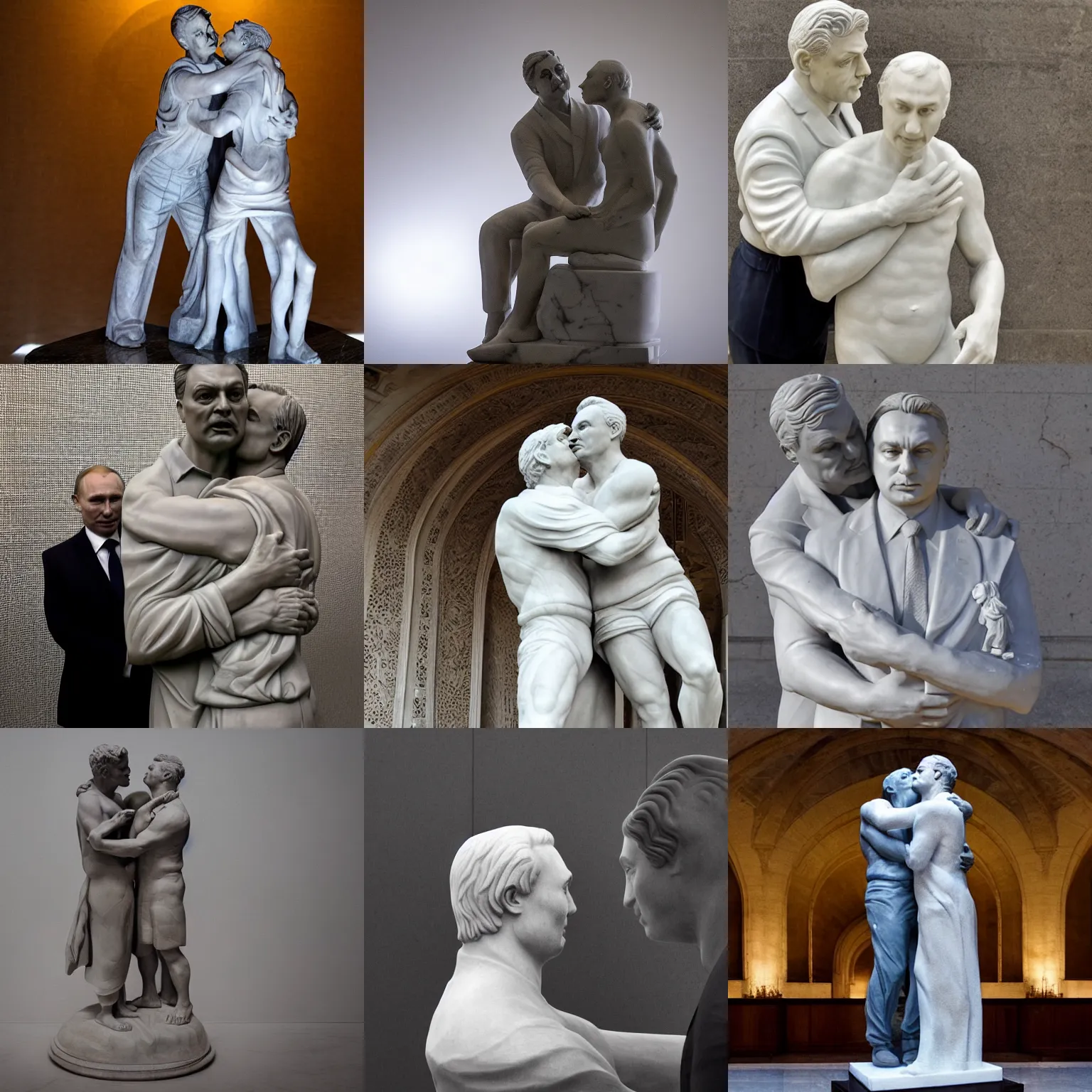 Prompt: photo of a marble statue of viktor orban and putin hugging and kissing, dramatic light