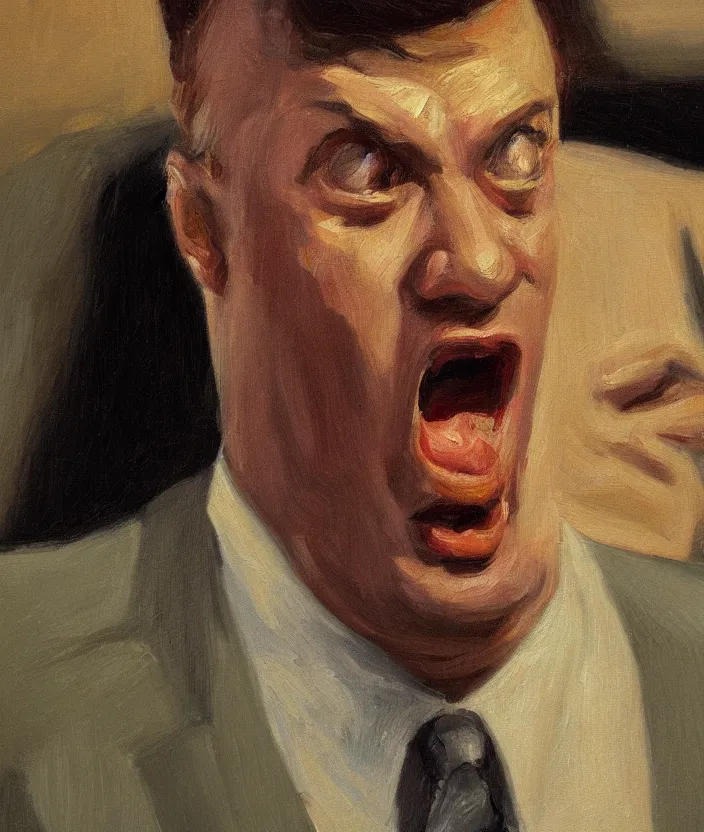 Image similar to a close up portrait painting of a man in a suit, the man is screaming and sad, highly detailed facial details, face close up, in the style of edward hopper, fine brush strokes, 4 k,