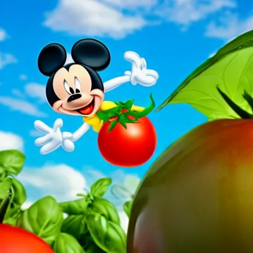 Prompt: disney character of a tomato who is riding on a mozzarella ball, basil flying