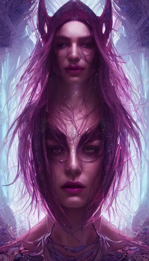 Image similar to cyberpunk angry gorgeous elven queen, neon, fibonacci, sweat drops, insane, intricate, highly detailed, digital painting, artstation, concept art, smooth, sharp focus, illustration, Unreal Engine 5, 8K, art by artgerm and greg rutkowski and alphonse mucha