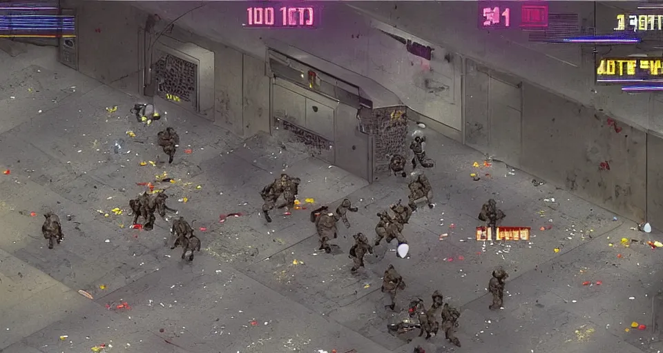 Prompt: 1988 Video Game Screenshot of Neo-tokyo Cyborg bank robbers vs police, Set inside of Parking Garage, Dark, Multiplayer set-piece Ambush, Tactical Squads :10, Police officers under heavy fire, Suppressive fire, Pinned down, Destructible Environments, Gunshots, Headshot, Bullet Holes and Anime Blood Splatter, :10 Gas Grenades, Riot Shields, MP5, AK45, MP7, P90, Chaos, Anime Machine Gun Fire, Gunplay, Shootout, :14 FLCL + Jet Grind Radio, Cel-Shaded:17, Created by Katsuhiro Otomo + Hideo Kojima + Arc System Works: 20