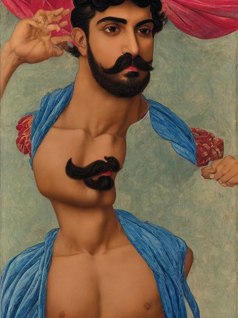 Image similar to close up portrait of a 20 years old muscular persian iranian wrestler handsome man flexing and posing with a mustache by victor Nizovtsev and Botticelli