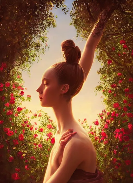 Image similar to stunningly beautiful face, prima ballerina in rose garden, symmetrical face, golden hour, smooth, focus, highly detailed, hyper realistic, dramatic lighting, elegant, intricate, concept art, art by wlop, mars ravelo, greg rutowski, artstation