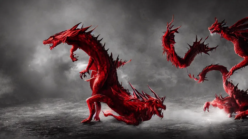 Image similar to a photorealistic dramatic fight - scene between a white and a red dragon, dramatic lighting, gritty, brutal, ultra realistic details, 8 k