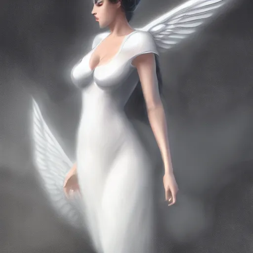 Prompt: a concept art drawing of a beautiful female angle in a white dress on a dark steamy background, spreading her wings, symmetry features, soft painting, volumetric light, fog, fantasy background, artstation, detailed, award winning