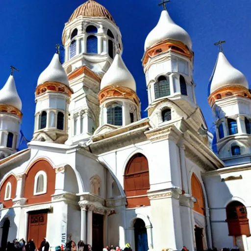 Prompt: exterior of Saint Basil's Basilica made of ice cream cones