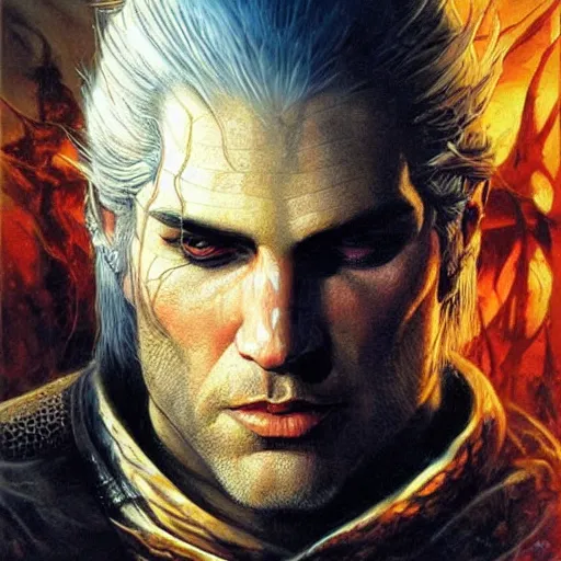 Image similar to geralt of rivia, ethereal, painting by karol bak