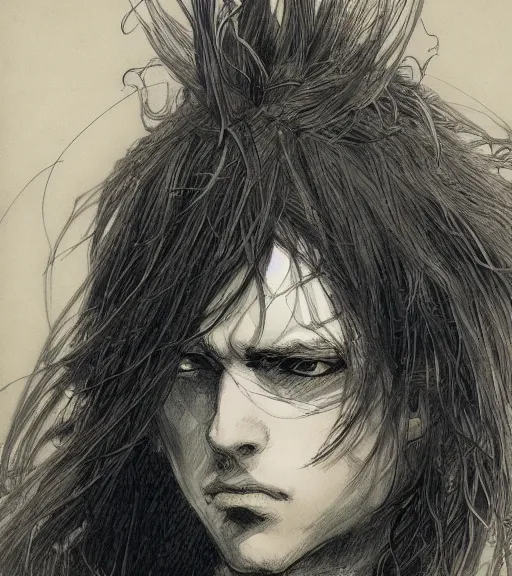 Prompt: portrait of anime boy with long hair wearing a dark robe, pen and ink, intricate line drawings, by craig mullins, ruan jia, kentaro miura, greg rutkowski, loundraw