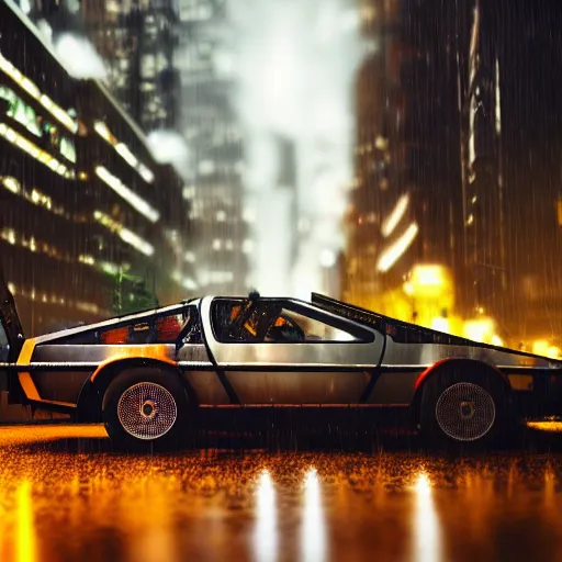 Image similar to Delorean parked in a cyberpunk city, rainy weather, thunderstorm, low light photography, 4k