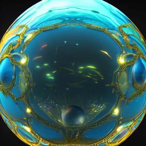 Image similar to tilt shift sphere underwater huge light intricate reflection diffraction refraction marble gold obsidian preraffaellite photography cut, octane, artstation render 8 k neon