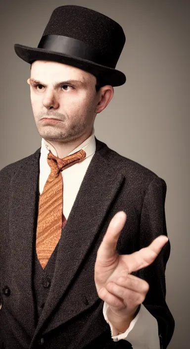 Image similar to Portrait of a catholic man with a stern yet panicked look dressed in a 1920s attire. He seems mentally unstable. 4K, dramatic lighting