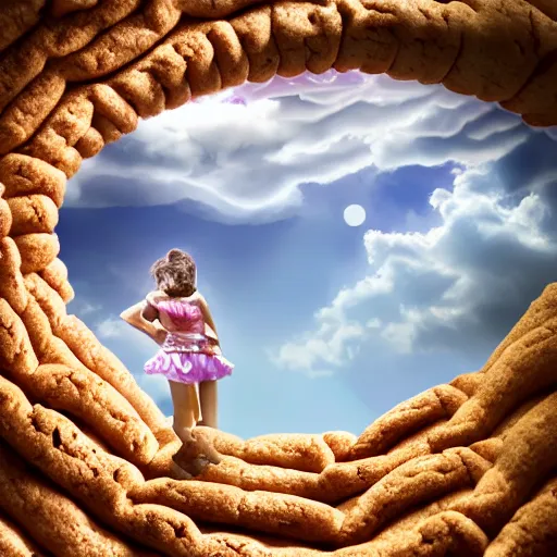 Image similar to a girl walking up an infinity staircase made of cookies in the clouds, digital art