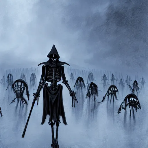 Image similar to a grim reaper, with a skeleton army, surrounded by magic, hd, by stefan koidl