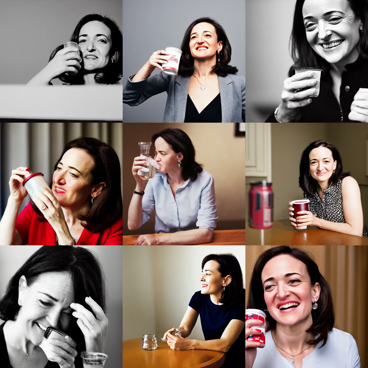 Prompt: Photo of Sheryl Sandberg drinking Diet Coke, photo by Anne Liebovitz, 24mm f/1.4