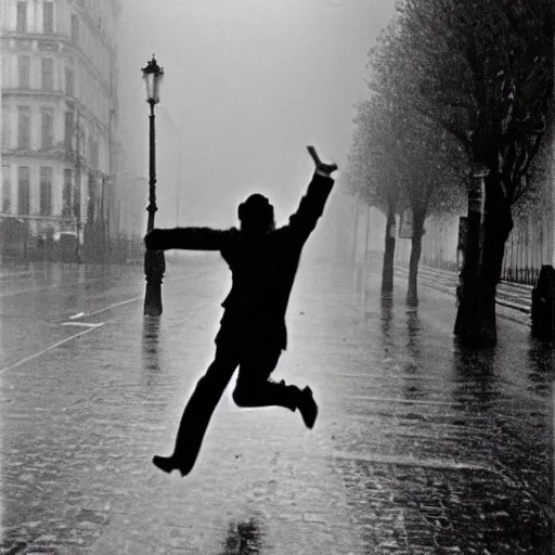 Image similar to the man leaping in a raining paris street, by henri cartier bresson,