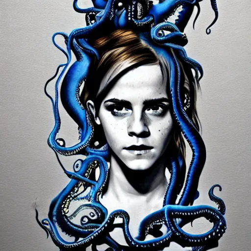 Image similar to emma watson's horror version. an unnatural abomination with long teeth, many tentacles, and gray skin. grunge, horror, dmt, dark and muted colors, detailed airbrush art, by yves klein