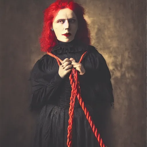 Image similar to dark portrait, death ultra red head woman in medieval dress, strangled with rope, bluish face, victorian style, high detail