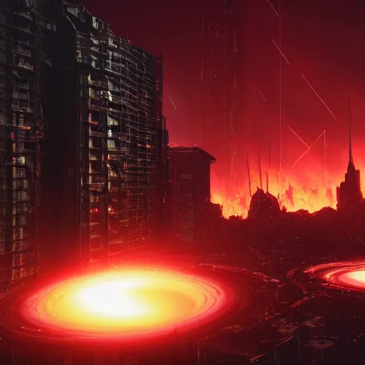 Image similar to a black hole is destroying a gothic cyberpunk City, catastrophic, fire and explosions, the feeling of dread, photorealistic, octane render, unreal engine