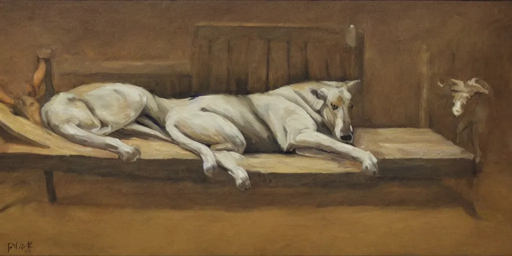 Image similar to buck laying on a cot, jack paluh, oil painting