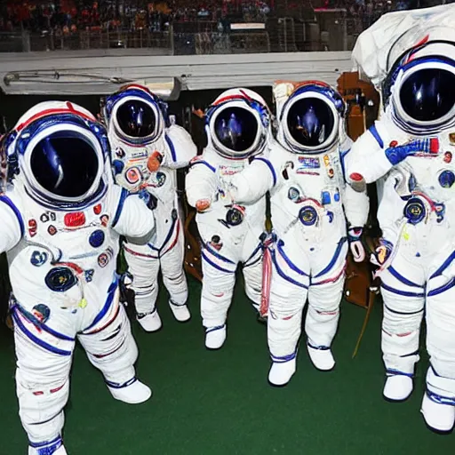 Image similar to 5 space astronauts in spacesuits of different colors, running in a relay race in a stadium, olympic games