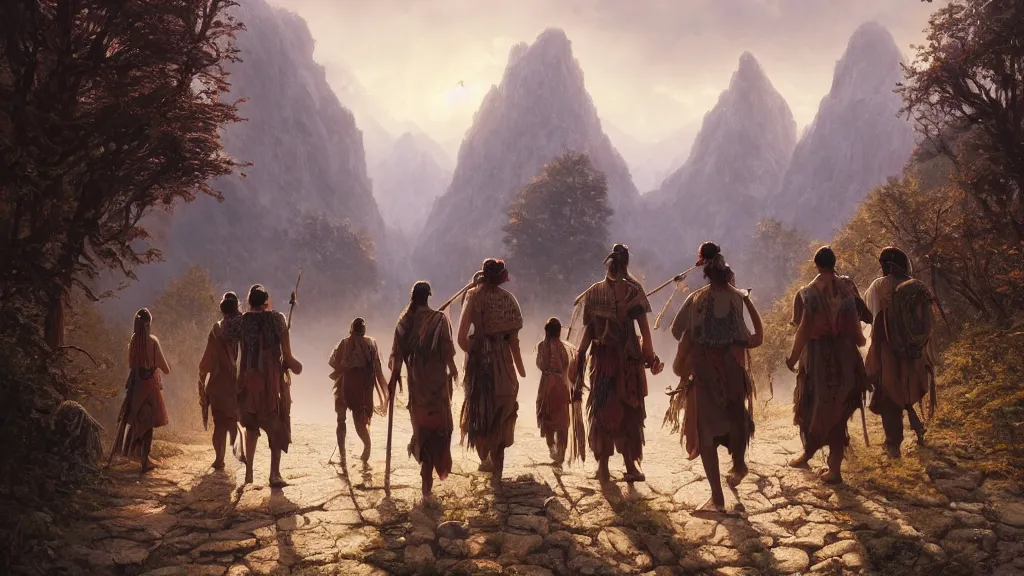 Image similar to highly detailed image of a group of indigenous travelers, walking in a line, traditional clothing, unreal engine, fantasy art by greg rutkowski, mountains, lake, hunter, by greg rutkowski, cgsociety, ferdinand knab, rossdraws, tom bagshaw, global illumination, radiant light, detailed and intricate environment