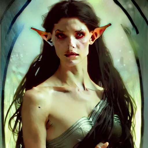 Image similar to Portrait of a pretty half-elf half-vampire young woman. Her hair has black strands and white strands. Her eyes have red irises and vertical pupils. Art by Greg Rutkowski and Alphonse Mucha