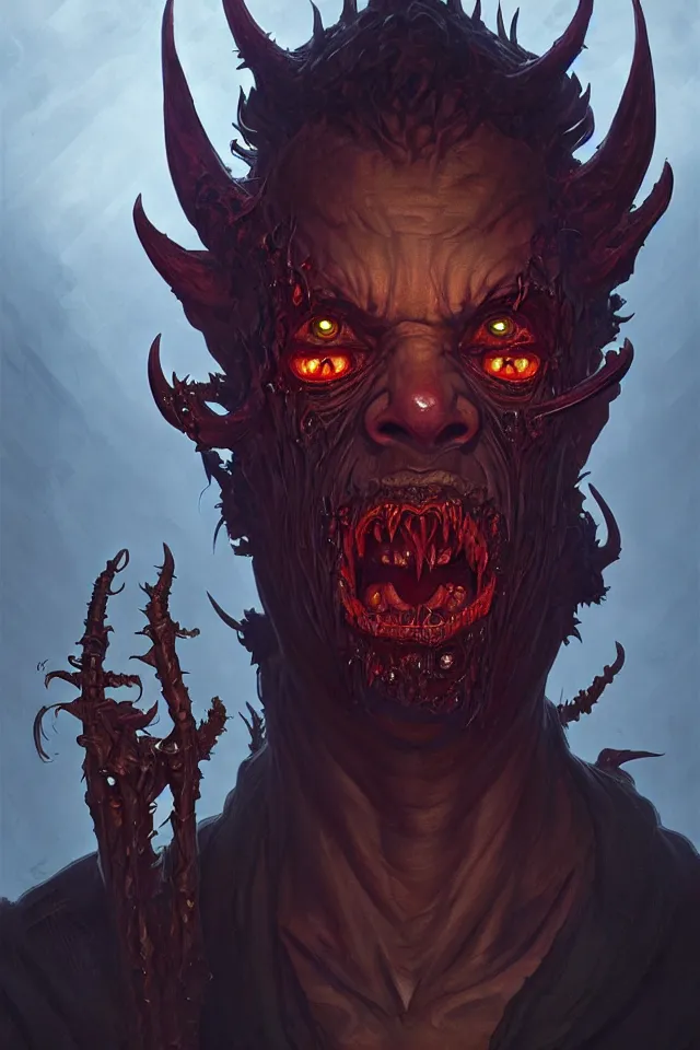 Image similar to portrait of a corrupted demonic fiend, looking at camera, d & d, savage monster, intricate, fantasy, extremely detailed, digital painting, artstation, concept art, smooth, sharp focus, illustration, ambient lighting, art by artgerm and greg rutkowski and alphonse mucha and simon stalenhag