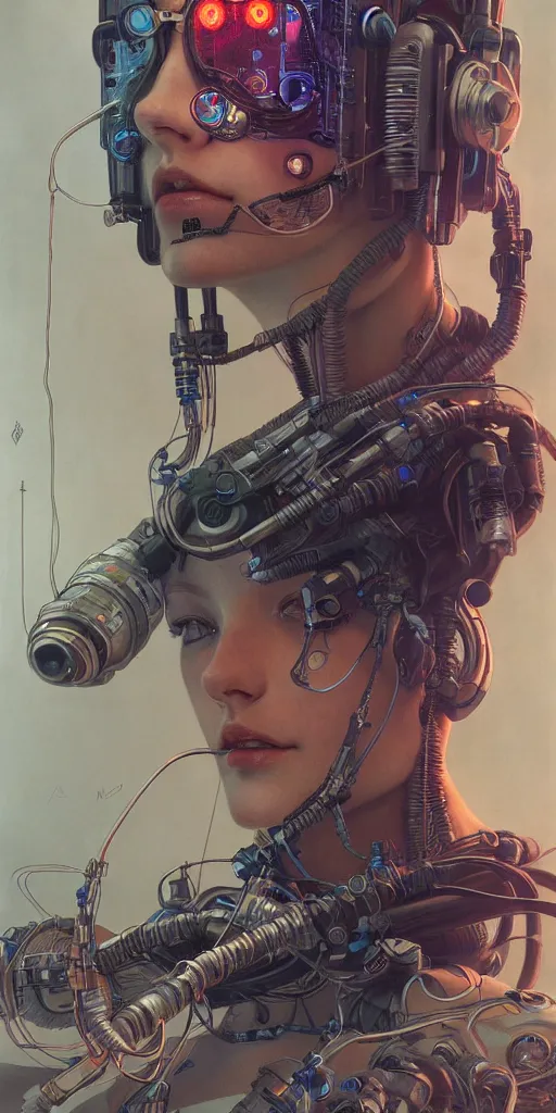 Image similar to ultra detailed photorealistic cyberpunk portrait, poster, sci fi, cybernetic, wires, robotics, by alfons maria mucha, ultra realistic illustration, high detailed, 4 k, hd, high quality